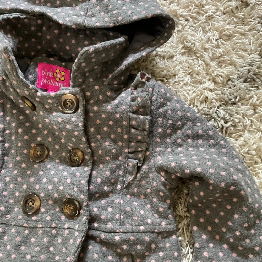 Pink Platinum Girls Grey Pink Polka Dot Hooded Peacoat Jacket Size 5/6